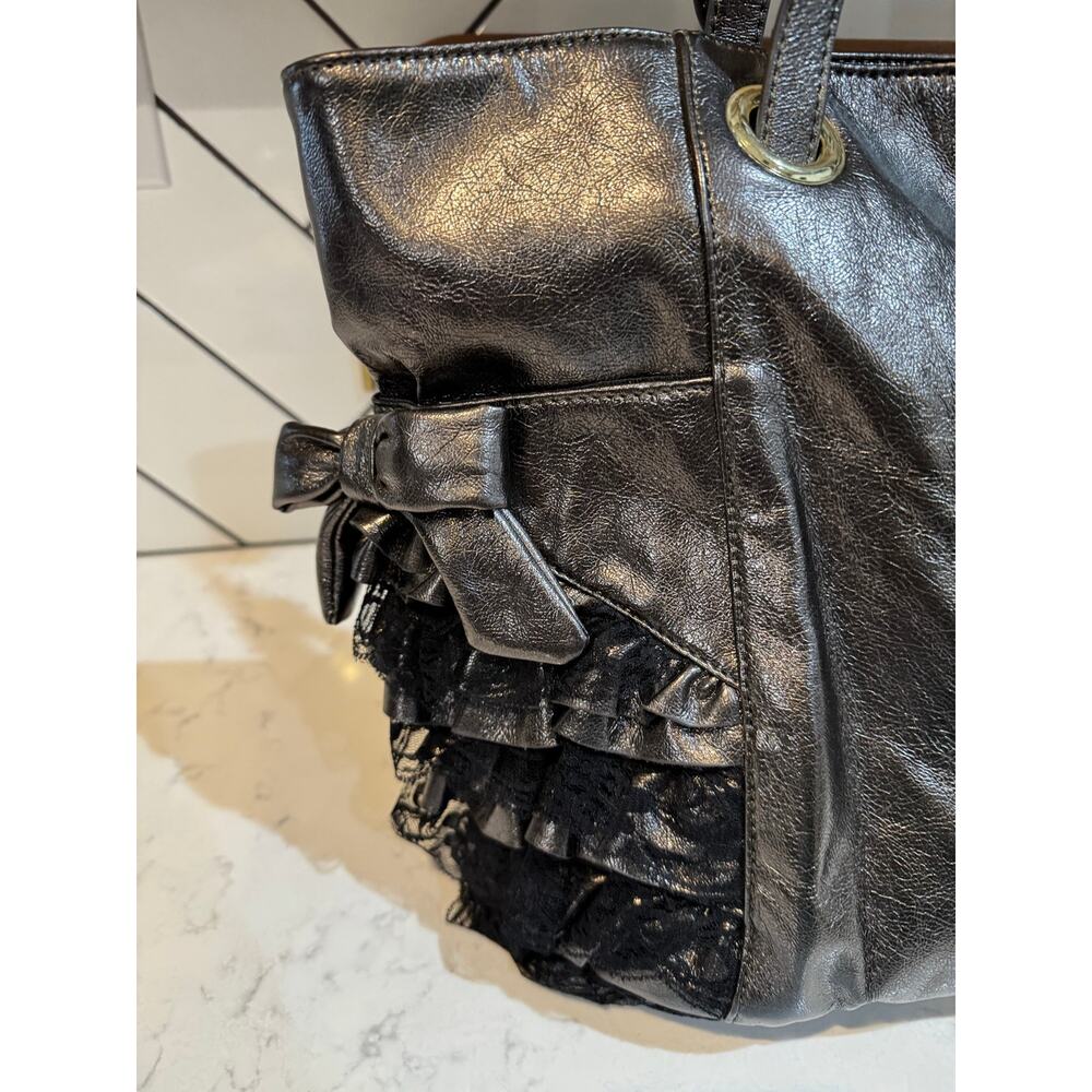 vintage Betsey Johnson Gunmetal Tote Bag with Ruffle Lace Accents 2006-2009 - Picture 6 of 16